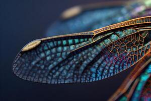 Close-up image of vibrant, iridescent insect wing with intricate patterns and textures, featuring shades of blue, green, and orange, revealing delicate venation and structural details photo