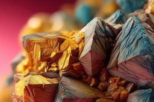 Abstract close-up of colorful mineral crystals with sharp geometric edges, showcasing an intricate pattern of golds, blues, and reds. Textured and vibrant, it highlights natural beauty photo