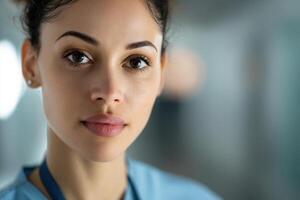 Young woman with a gentle expression in focus, wearing a light blue top, hair up, looking at the camera, blurred background, soft lighting, professional appearance, high contrast tones photo
