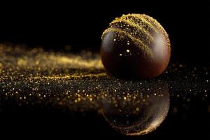 Round chocolate ball dusted with gold shimmer, artfully reflected on glossy surface. Soft lighting enhances the texture, creating a luxurious, decadent, and elegant atmosphere photo