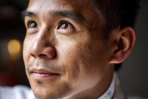 A man gazes upwards with a gentle smile, displaying a thoughtful expression. His face is illuminated, showing fine skin texture and features. The lighting emphasizes his eyes and subtle smile photo