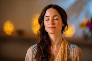 Calm woman with closed eyes, relaxed expression, long wavy hair, wearing a light, flowing outfit. Warm, glowing lights softly blurred in the background, creating a peaceful ambiance photo