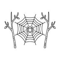 A spider weaving at the center of a web between two branches vector