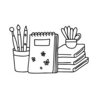 A pile of sketchbooks stacked beside a drawer of art tools vector