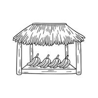 A straw roofed banana store with bananas displayed in front vector