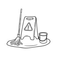 A caution sign placed beside a slippery floor while a janitor mop vector