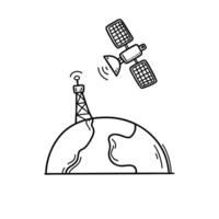 A satellite in space beaming signal waves to Earth vector