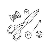Scissors with thread, button, and needle placed beside vector