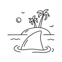 A shark fin gliding through the sea near a small island with palm trees vector