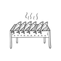 Sardines lined up on a grill at a beach stall vector