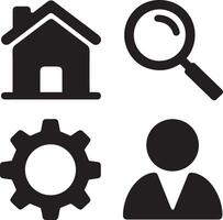 Essential UI Icon Set Home, Settings, Profile and Search Silhouettes vector