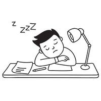 A man asleep at a desk, with pen papers and a still lamp beside vector