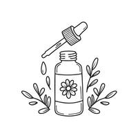 take out Dropper and Opened Serum Bottle with flower label beside floral elements vector