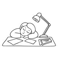 A person asleep at a desk, with papers and a still lamp beside vector