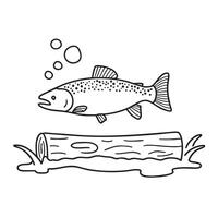 A salmon next to a driftwood log in a flowing stream with air bubbles vector