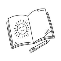 A smiling sun drawn on opened sketchbook page with a pencil beside it vector