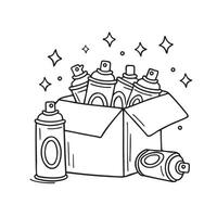 An open box of spray paint cans beside a wall vector