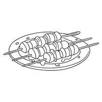 Four meat and pepper skewers with dripping sauce on a ceramic dish vector