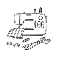 A sewing machine with fabric attached next to scissors and threads on table vector