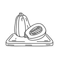 A spaghetti squash cut in half on a chopping board vector