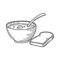 A bowl of soup with spoon beside a slice of bread vector
