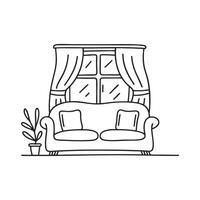 A sofa positioned near a window with drawn curtains vector