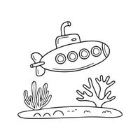 A submarine floating near coral reef on ocean floor vector