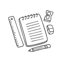 A ruler, pencil, eraser, sharpener, and notepad arranged on a desk vector