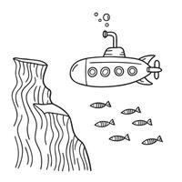 A submarine floating near an underwater cliff in the deep ocean, with school fish and vector