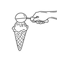 A hand with scooper put ice cream on waffle cone vector