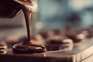 Smooth, rich liquid chocolate cascades into a shiny metal mold, ready for confectionery creation. Soft focus background highlights the decadent texture and glossy surface photo