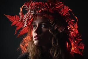 A woman gazes upwards adorned with a crown of vibrant red fern leaves, illuminated by soft lighting highlighting her contemplative expression and detailed textures of the foliage photo