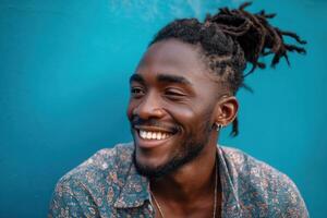 Smiling person with dreadlocks, wearing a patterned shirt, and hoop earring. The individual looks to the side, exuding a joyful and lively expression with vibrant energy photo