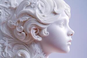 Intricately detailed white sculpture of a young person in profile, featuring elaborate floral and foliage patterns intertwined with flowing hair, showcasing expert craftsmanship and artistry photo
