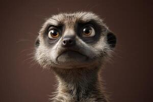 Curious meerkat with wide eyes and expressive features, looking intently straight ahead. Soft fur texture and whiskers visible, neutral backdrop, focus on animal's face, endearing appearance photo