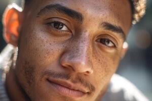 Close-up portrait of a person with short hair and freckles, looking directly at the camera. The expression is calm and relaxed, showcasing natural features and skin texture photo