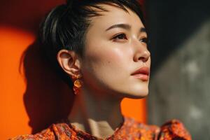 Short-haired person gazes upward in strong sunlight, casting shadows on their face. They wear bright orange earrings and a patterned garment. No text present. Close shot, dramatic lighting photo
