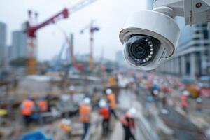 Security camera focuses on a busy construction site with workers in safety helmets and vests, blurred city skyline and cranes in the background, creating an urban industrial atmosphere photo