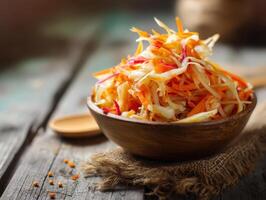 A wooden bowl filled with vibrant, colorful coleslaw featuring shredded cabbage, carrots, and red pepper placed on a rustic wooden table. Nearby, a wooden spoon rests on a piece of burlap photo
