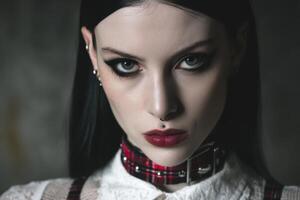 Dark-haired person with striking eye makeup, red lips, and facial piercings. They wear a plaid choker over a white collared top. Intense gaze. Earring studs visible photo