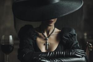Mysterious woman in elegant black hat and gloves, face obscured, wearing a cross necklace. She sits with arms crossed near a glass of red wine, in a dimly lit, sophisticated setting photo