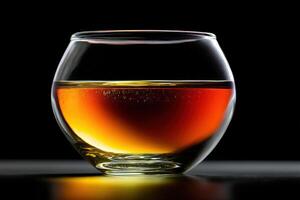 Round glass filled with amber liquid, likely whiskey, creates a warm glow against a dark backdrop. Reflections and highlights emphasize its clarity and smooth texture photo