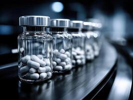 Glass bottles filled with white capsules line a conveyor belt, reflecting a modern, industrial setting. The focus is on the foreground, creating a sense of depth and precision photo