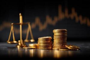 Golden scales beside stacked coins with a blurred line chart in the background, symbolizing financial balance and economy. The coins and scales shine under professional lighting photo