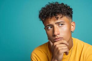Curly-haired person with an earring in a yellow shirt poses thoughtfully, resting chin on hand, eyes looking left. Expression suggests curiosity or contemplation, with focus on face photo