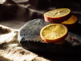 Slices of citrus fruit rest on a textured stone surface with dramatic lighting, casting deep shadows. The rind and fleshy sections are visible, creating a natural still life effect photo