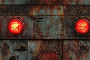 A weathered metallic surface with rust and corrosion features two glowing red circular lights on either side, surrounded by bolts and rivets, evoking an industrial or steampunk aesthetic photo