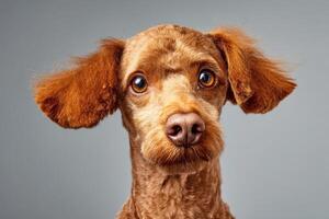 Curly-haired dog with large, expressive eyes and floppy ears looks directly at the camera. Its fur has a reddish-brown color. The background is in a neutral tone, complementing the subject photo