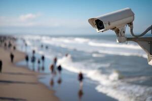 Security camera overlooking a busy beach with waves in the background. The blurry figures of people walking along the shore emphasize the camera's focus on surveillance photo