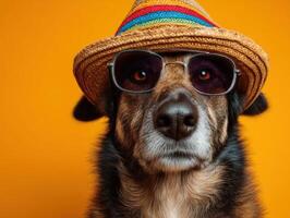 Dog with sunglasses wears a colorful straw hat, peering forward against an undefined backdrop. The canine appears composed, conveying a playful yet cool demeanor photo